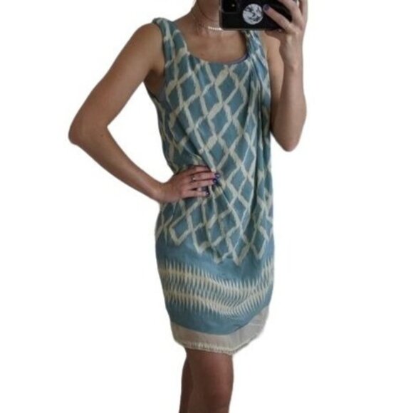 Moulinette Soeurs Lattice Diamond Brush Print Shift Dress Size 2 Blue - Picture 1 of 10